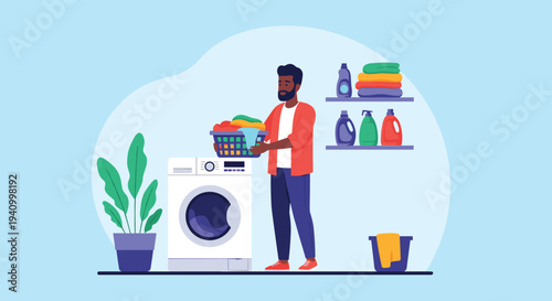 African American man in a red shirt doing laundry by loading clothes into a white washing machine in a laundry room.