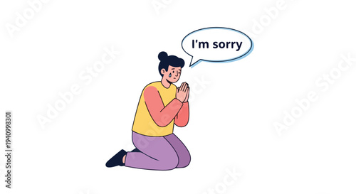 A person on their knees with hands clasped in a pleading gesture, expressing remorse with a speech bubble saying "i'm sorry"