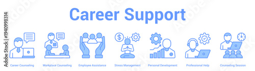 Career Support web banner icon set vector illustration concept for business with icon of Career Counseling, Workplace Counseling, Employee Assistance, Stress Management, Personal Developme.