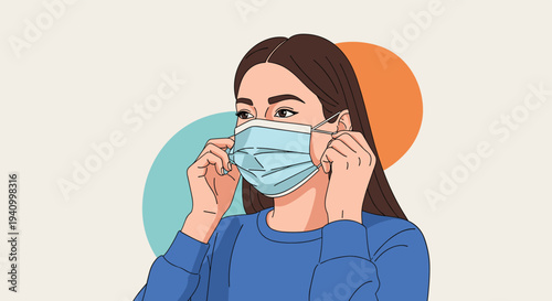 Young woman putting on a blue surgical medical mask for health protection against a background with colorful circles.