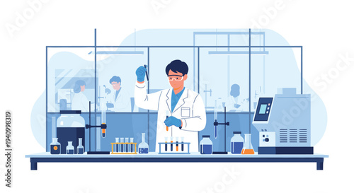 Professional scientist in a white lab coat and blue gloves performing experiments in a modern high-tech laboratory.