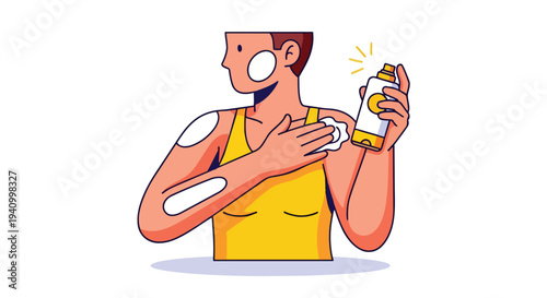 Illustrative depiction of a person applying sunscreen to their body for sun protection and skincare routines emphasizing health and wellness