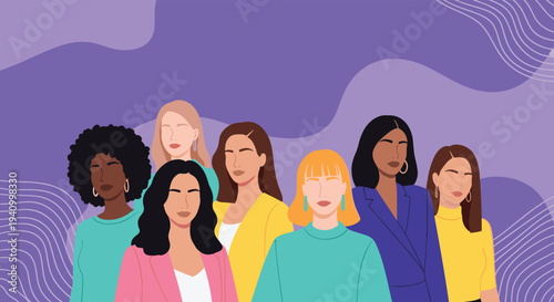 Portrait of a group of seven diverse and stylish women standing together against a purple abstract wavy background.