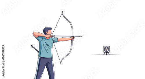 A focused athlete prepares to shoot an arrow with precision towards a distant target during an archery practice session