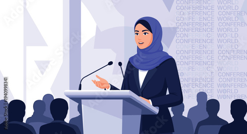 Confident woman in a hijab giving a speech or presentation at a podium in front of a large audience at a conference.