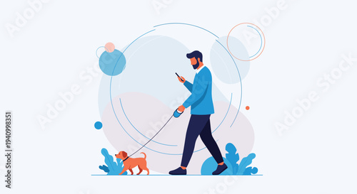 Man walking his dog on a leash while using a smartphone against a background of abstract circles and plants.