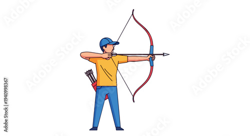 Archer in Action with Bow and Arrow, Concentrating on Aiming for the Target