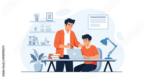 Professional teacher or mentor assisting a student who is working on a laptop at a desk in a modern classroom or study.