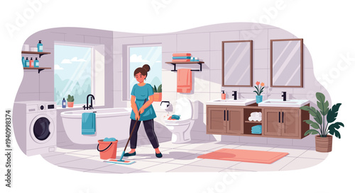 Woman cleaning a modern bathroom floor with a mop and bucket next to a toilet, bathtub, and washing machine.