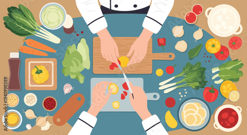 Top view of two professional chefs in white uniforms preparing and cutting vegetables on a large blue table.