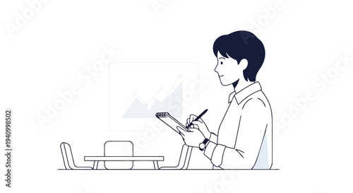 Modern minimalist illustration of a person analyzing financial growth charts in a minimalist office setting, focusing on strategic planning and