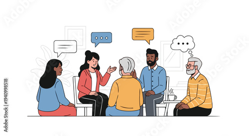 Diverse group of people engaged in a lively discussion, symbolizing communication and connection, with speech bubbles indicating conversation and