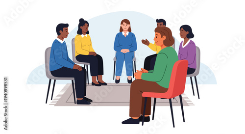 Diverse group of individuals engaged in a focused discussion session, fostering connection and understanding through shared dialogue