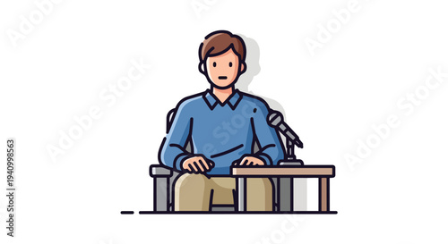 Illustrative depiction of an individual seated at a desk with a microphone, engaging in public speaking or a presentation session