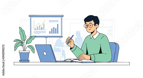 Business analyst meticulously reviewing financial growth charts and data while working on a laptop in a modern office setting