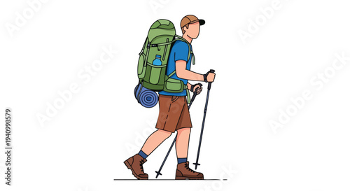 Active hiker with large backpack and trekking poles on a solo wilderness adventure exploration