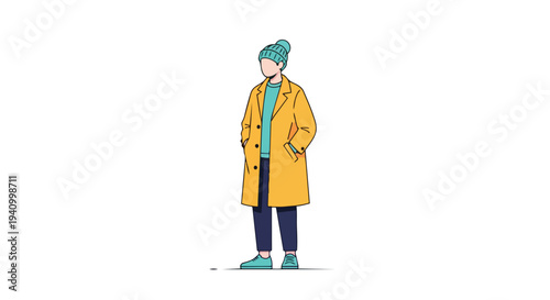 A stylized, faceless individual stands confidently in a vibrant yellow coat and turquoise beanie, exuding a modern, minimalist aesthetic.
