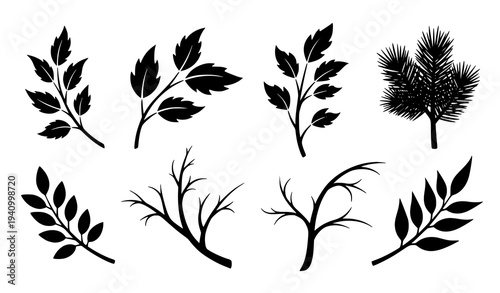 Natural tree branch silhouette collection with leaves and twigs botanical vector elements isolated on white background