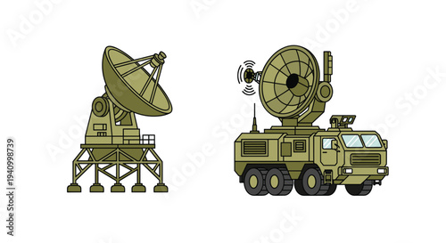 A stationary satellite dish on a lattice platform stands next to a mobile radar truck with a rotating antenna array on a plain white background.