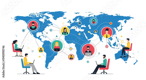 Global network illustration showing diverse remote workers connected through the internet across different continents on a world map.