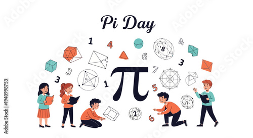 Illustration of people celebrating Pi Day with mathematical symbols and geometric shapes in a colorful design.