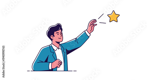 Illustration of a motivated individual reaching for a luminous golden star representing achievement and aspiration on a plain white backdrop