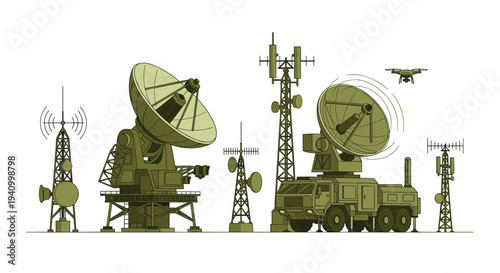 Military communication towers and radar equipment including a mobile truck and a drone are arranged in a row against a white background.