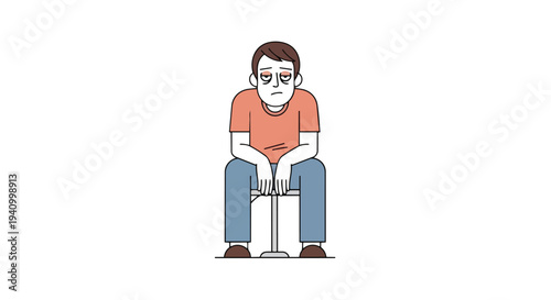 Exhausted Male Figure Depicted Sitting on a Stool with Droopy Eyes Reflecting Fatigue and Monotony