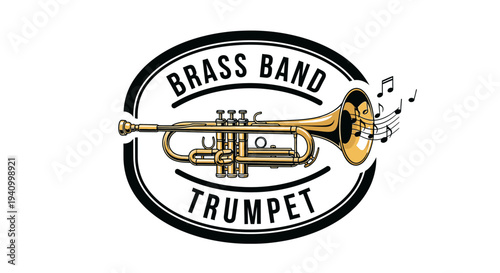 Brass Trumpet Instrument with Musical Notes.