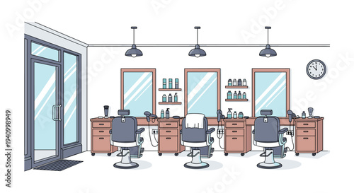 Modern and clean interior of a barbershop featuring professional chairs, mirrors, and grooming equipment in a stylish setting.