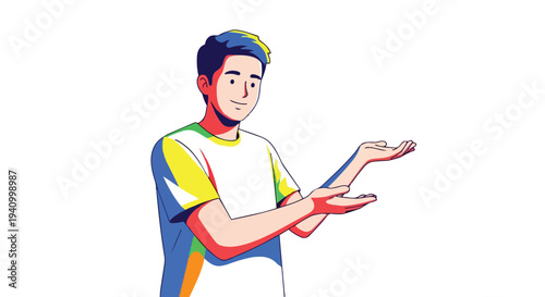 Illustrative portrayal of a youthful individual presenting an idea with open palms, conveying a sense of invitation and engagement