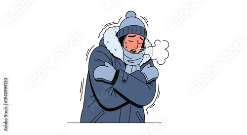 Person shivering and exhaling visible breath due to extreme cold weather conditions, illustrated concept.