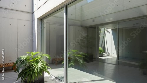Modern Glass Door Entrance with Potted Plants.