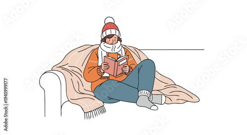 Cozy Person Reading Book Under Blanket Enjoying Solitude and Warmth While Wearing Winter Accessories