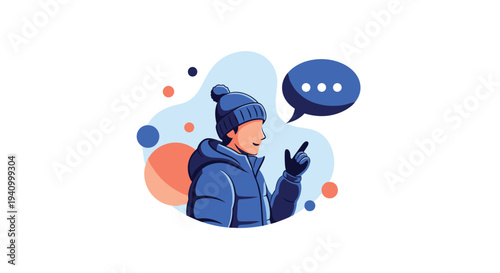 Man wearing a blue winter jacket and hat pointing at a speech bubble representing communication or thinking in cold weather.