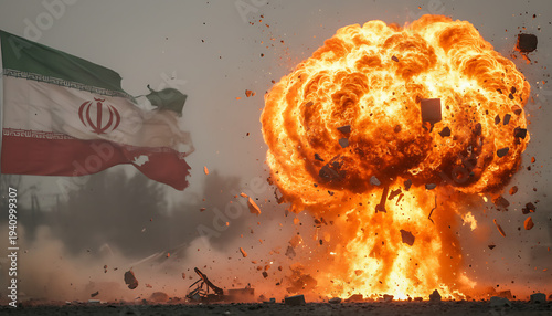 Explosion against the backdrop of the Iranian flag. Geopolitical Conflict & Sci-Fi Military