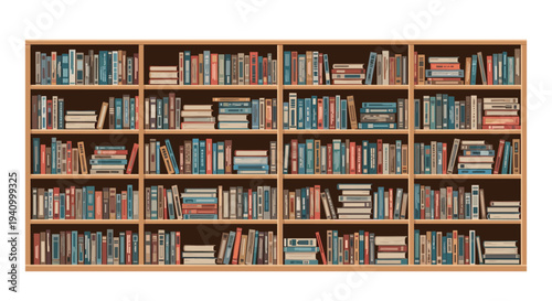 Large wooden bookshelf filled with various colorful books organized in rows in a library or home office study room.