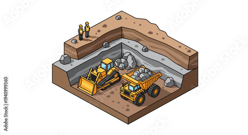 A yellow bulldozer and a dump truck operate inside a small isometric excavation pit while two workers in safety vests observe from an upper ledge.