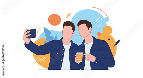 Two young male friends taking a selfie photo with a smartphone while holding a cup of coffee and smiling together.