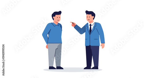Two men in discussion, one in casual attire, the other in formal business wear, engaged in a pointed conversation on a white background, conveying a