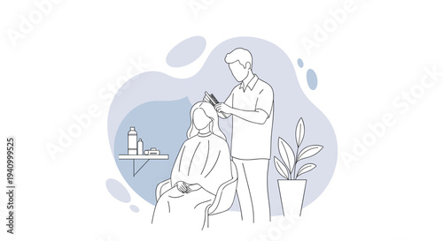 Professional male hairdresser brushing long hair of a female client sitting in a salon chair in simple line art style.