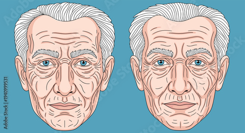 Detailed illustration of two elderly men with gray hair and wrinkled skin showing expressions of aging and wisdom.