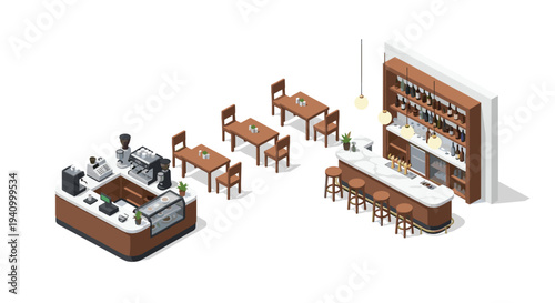 A minimalist isometric cafe interior features a coffee service counter three small dining tables and a bar with stools and bottle shelving.