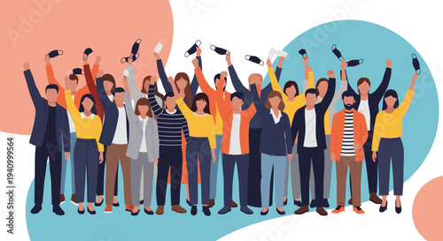 Diverse group of people celebrating and throwing their medical face masks in the air after the end of a pandemic.