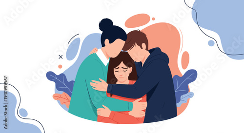 Group of three friends or family members hugging each other to provide comfort and emotional support during difficult times.