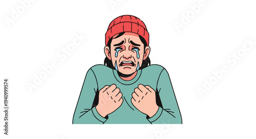 Heartbroken individual expressing intense sorrow through tears and clenched fists against a stark white backdrop in illustrative style