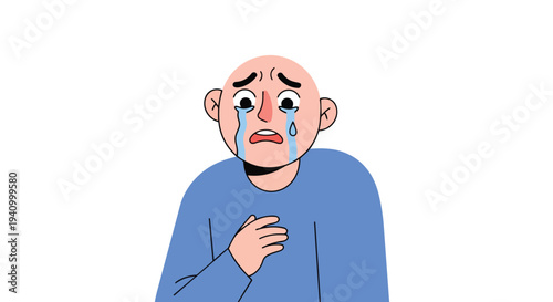 Illustration of a bald man with an emotional expression, shedding tears and holding his chest, conveying profound sadness or distress.