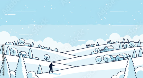 Silhouette of a man walking alone across vast snowy white hills in a peaceful winter landscape with falling snow.