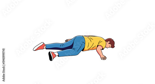 Cartoon illustration of a young man in a yellow t-shirt and blue jeans lying on the ground with arms outstretched, depicting exhaustion or a fall