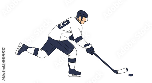A flat illustration of an ice hockey player wearing a white and blue uniform while skating and controlling a black puck.